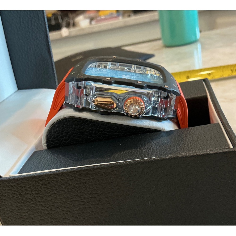 Carbon Fiber Apple Watch Case 44/45/46/49mm Orange Band Double Vision - Picture 2 of 12